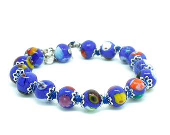 ムラーノガラスブレスレット ロイヤルブルー マルチシルバー ミッレ