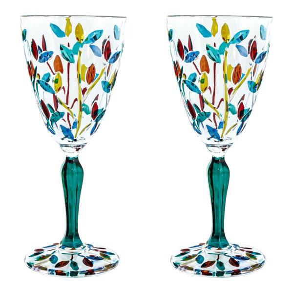 Pair of Murano Wine Glasses Multi Green Stem Hand Painted Venice Made in Italy Hand Blown