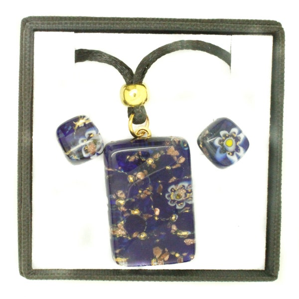 Parure de boucles d'oreilles pendantes en verre de Murano, or bleu, boîte cadeau Venise authentique faite main Italie
