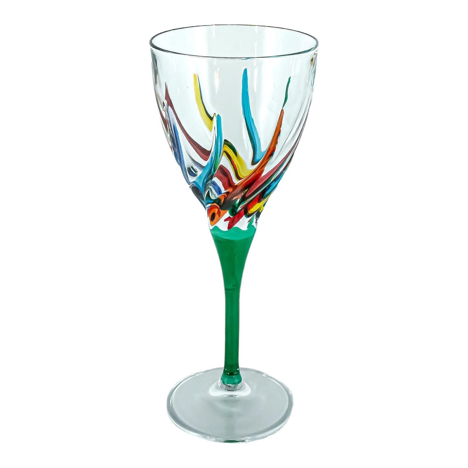 Set of Six 6 Murano Wine Glass Hand Painted Multi Blue Red Green