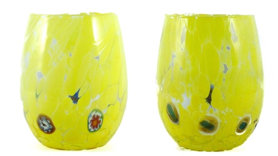 Pair of Murano Glassess Drinking Art Tumbler Yellow Multi