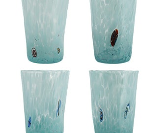 Set of Four 4 Murano Glass Drinking Art Tumblers Light Blue Hand Made Millefiori