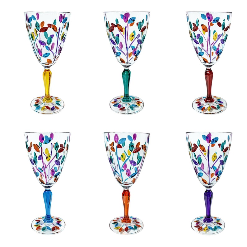 Set of 6 Six Murano Glass Wine Multi Pink Purple Stem Hand Painted Venice Made in Italy Hand Blown