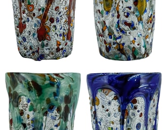 Set of Four 4 Murano Glass Drinking Tumblers Silver Blue Red Green Millefiori