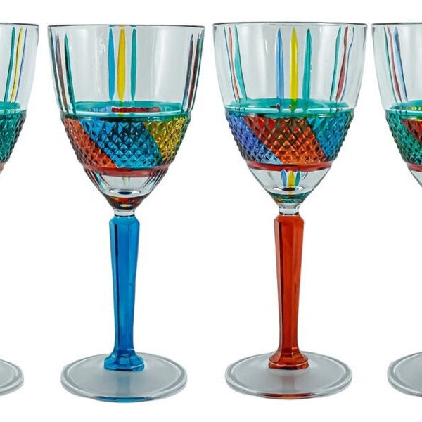 Set of Four 4 Murano Glass Wine Multi Red Blue Yellow Stem Hand Painted 19cm Made in Italy Barware Drinkware Glassware