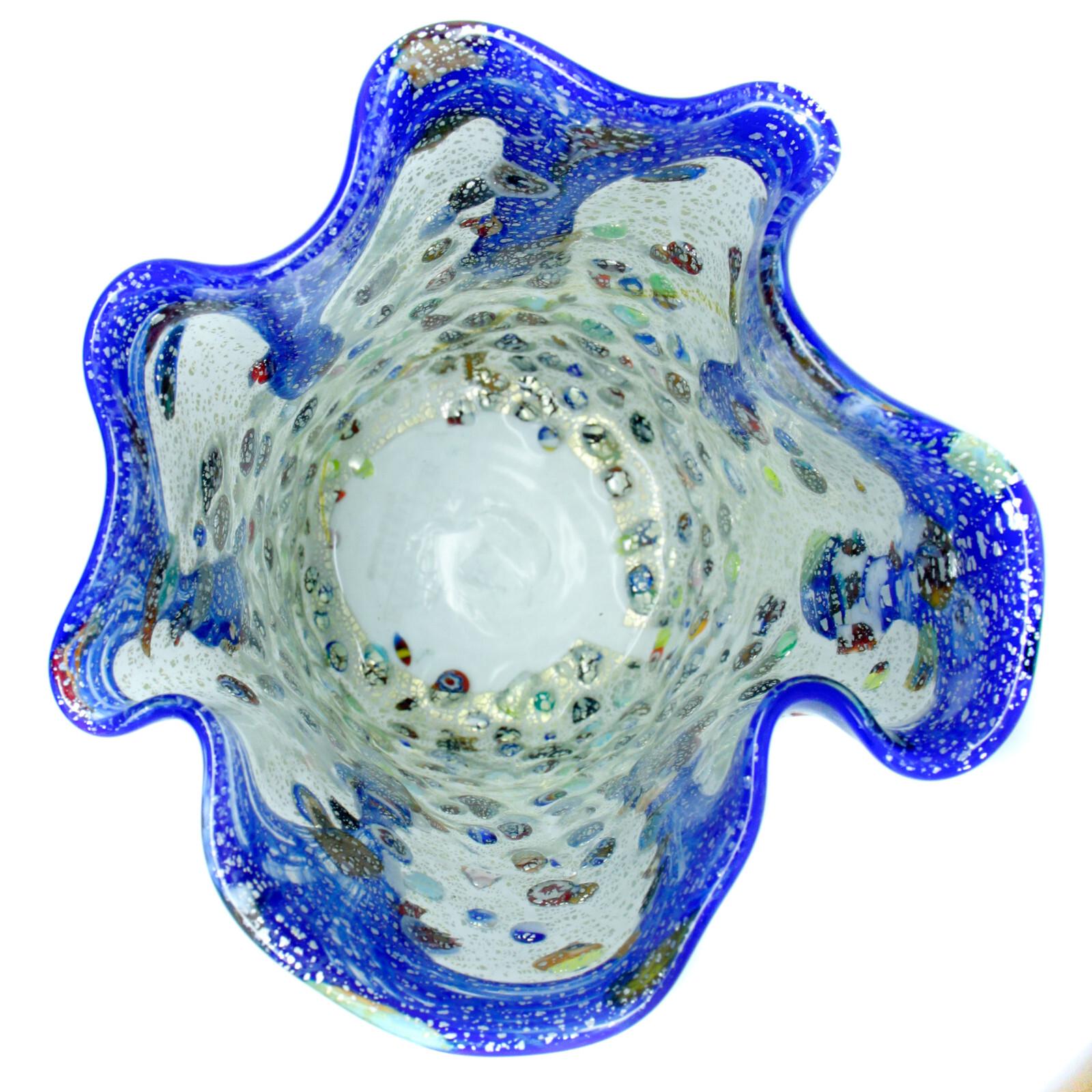 ムラーノガラスの花瓶アート ブルー シルバー マルチ ハンドメイド