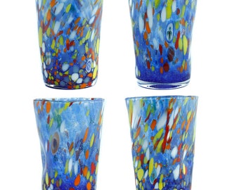 Set of Four 4 Murano Glass Drinking Tumbler Blue Multi Handmade Millefiori