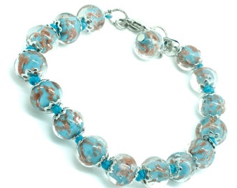 Murano Glass Bracelet Blue Silver Handmade Venice 15 Beads Italy Sommerso