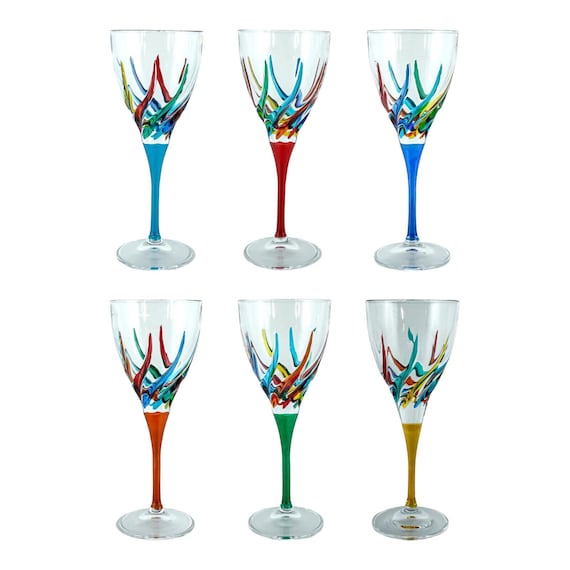 VenetiaglassMURANO グラス6客とデキャンタ作家銘 あり Set of Six 6 Murano Wine Glass Hand Painted Multi Red Green Blue