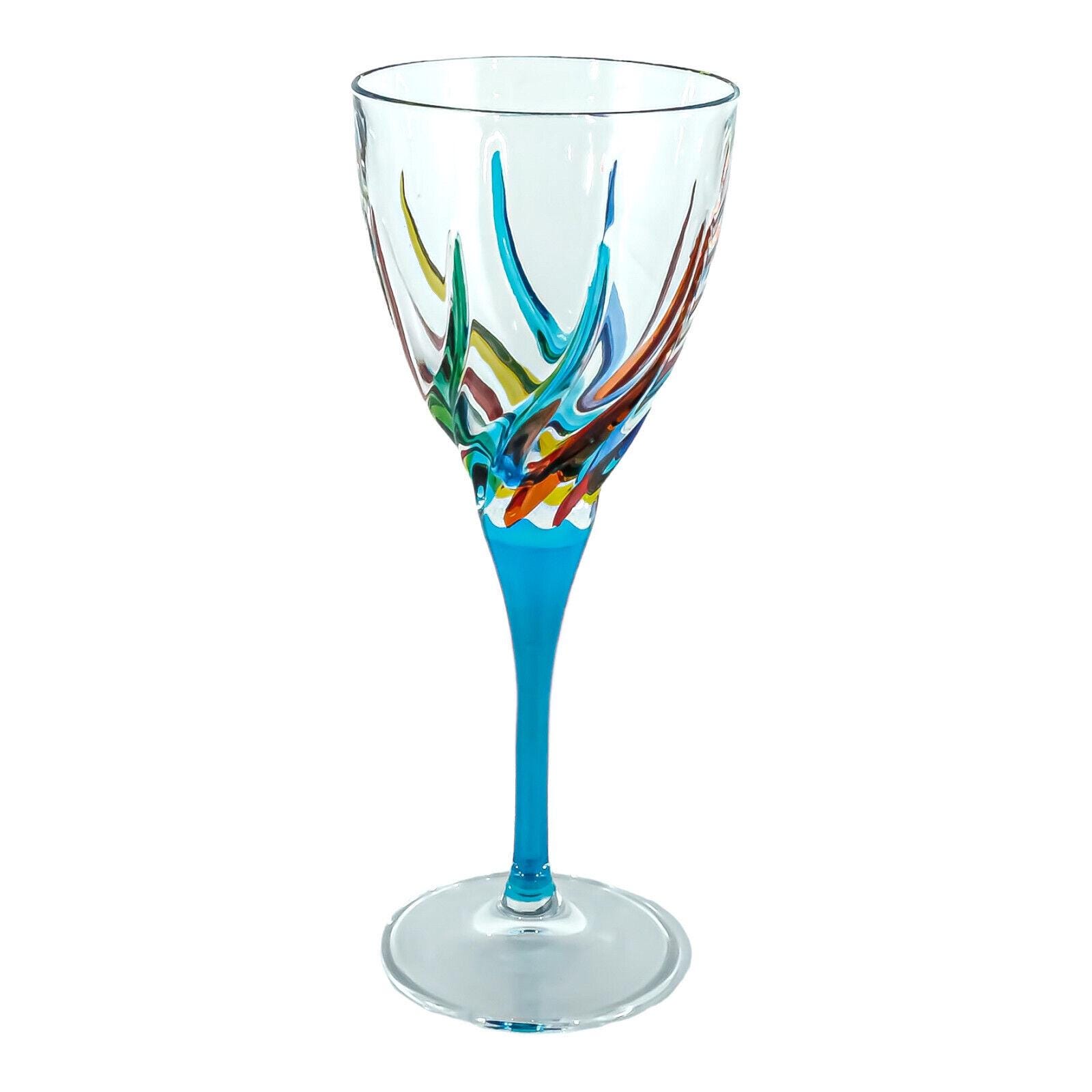 Murano Wine Glass Hand Painted Multi Light Blue Stem Green Red