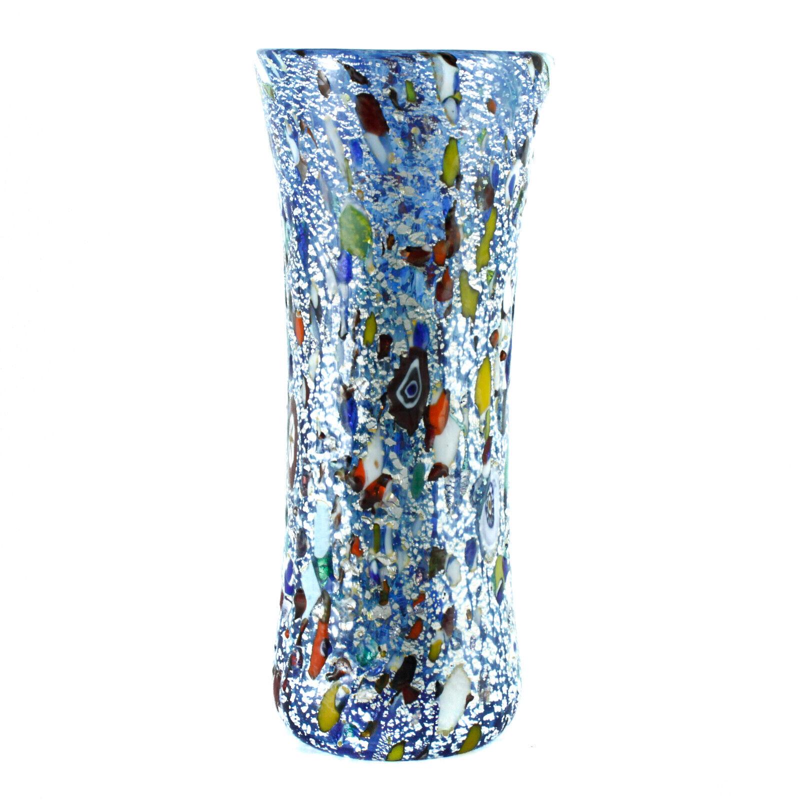 MURANO ムラノガラス★約26cm　花瓶　花生 イタリア ミルフィオリ① ムラーノガラスの花瓶 ブルー シルバー マルチカラー ハンドメイド