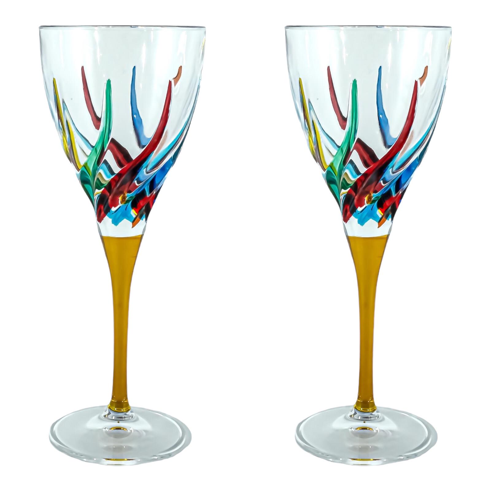 Pair of Murano Wine Glasses Hand Painted Multi Yellow Stem Venice
