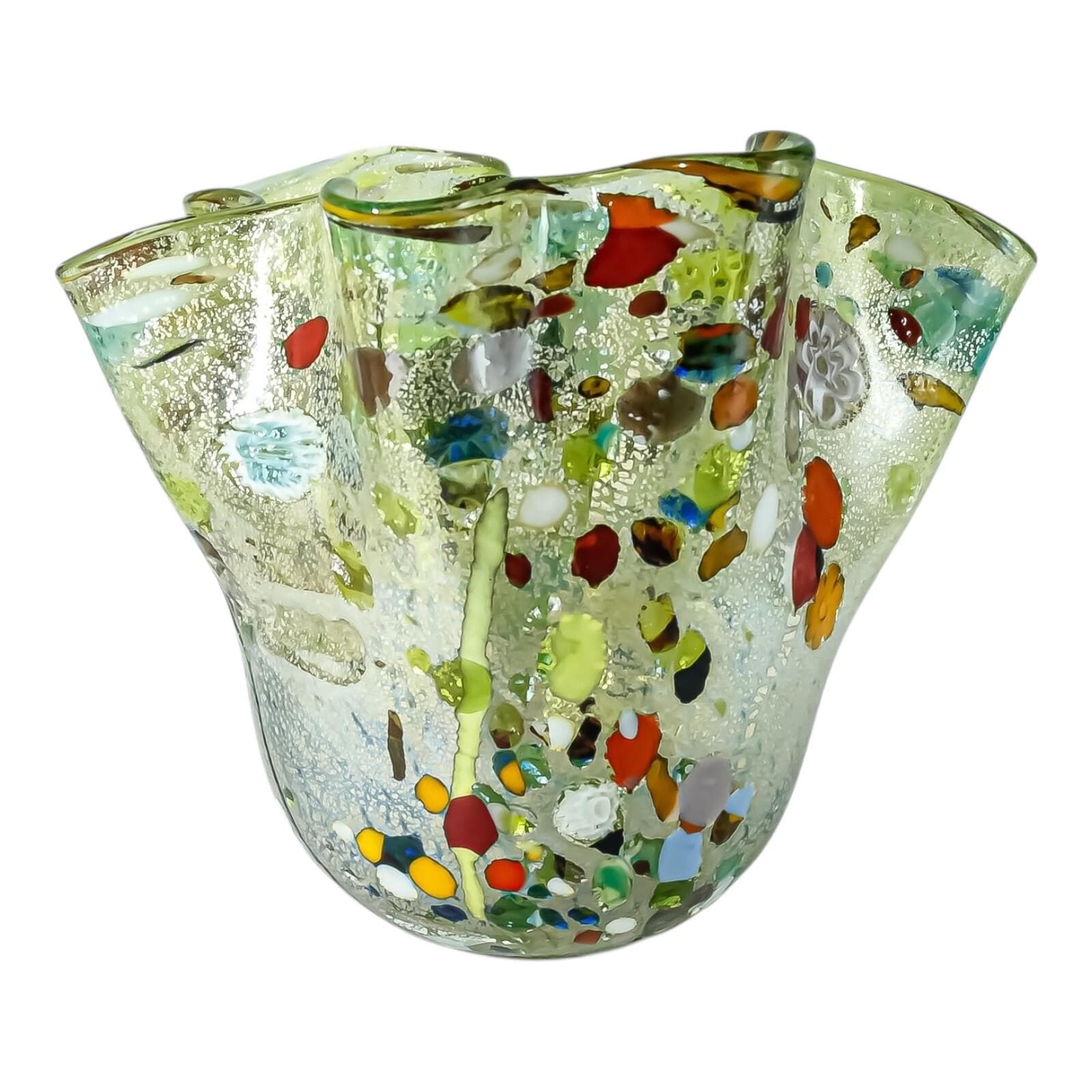 ハンドメイド ムラーノガラス ミルフィオリ 花瓶 - グリーン マルチ