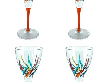 Handbemalte Murano Weingläser: Multi Orange Stem, Venedig Italien, 4er Set
