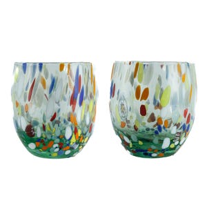 Pair of Murano Glasses Drinking Tumblers Set 2 Green Red Blue White Millefiori