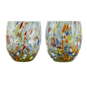 Pair of Murano Glasses Drinking Tumblers Set 2 Yellow Blue White Millefiori