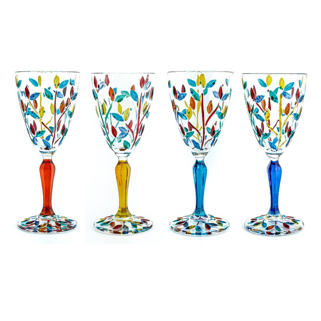 Set of Four Murano Glass Wine Multi Wine Blue Red Yellow Stem Etsy
