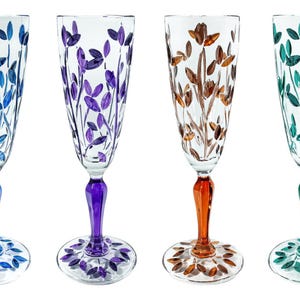 Set 4 Four Murano Glass Champagne Blue Purple Green Orange Wine Hand Painted