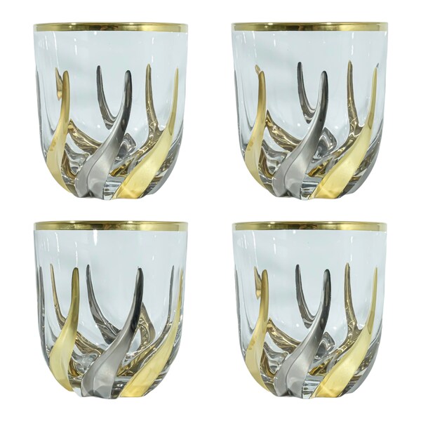 Set of Four 4 Murano Glasses Drinking Artisan Tumbler Gold Silver Hand Painted