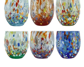 Set of Six 6 Murano Drinking Glasses Tumblers Blue Orange Red Green Millefiori