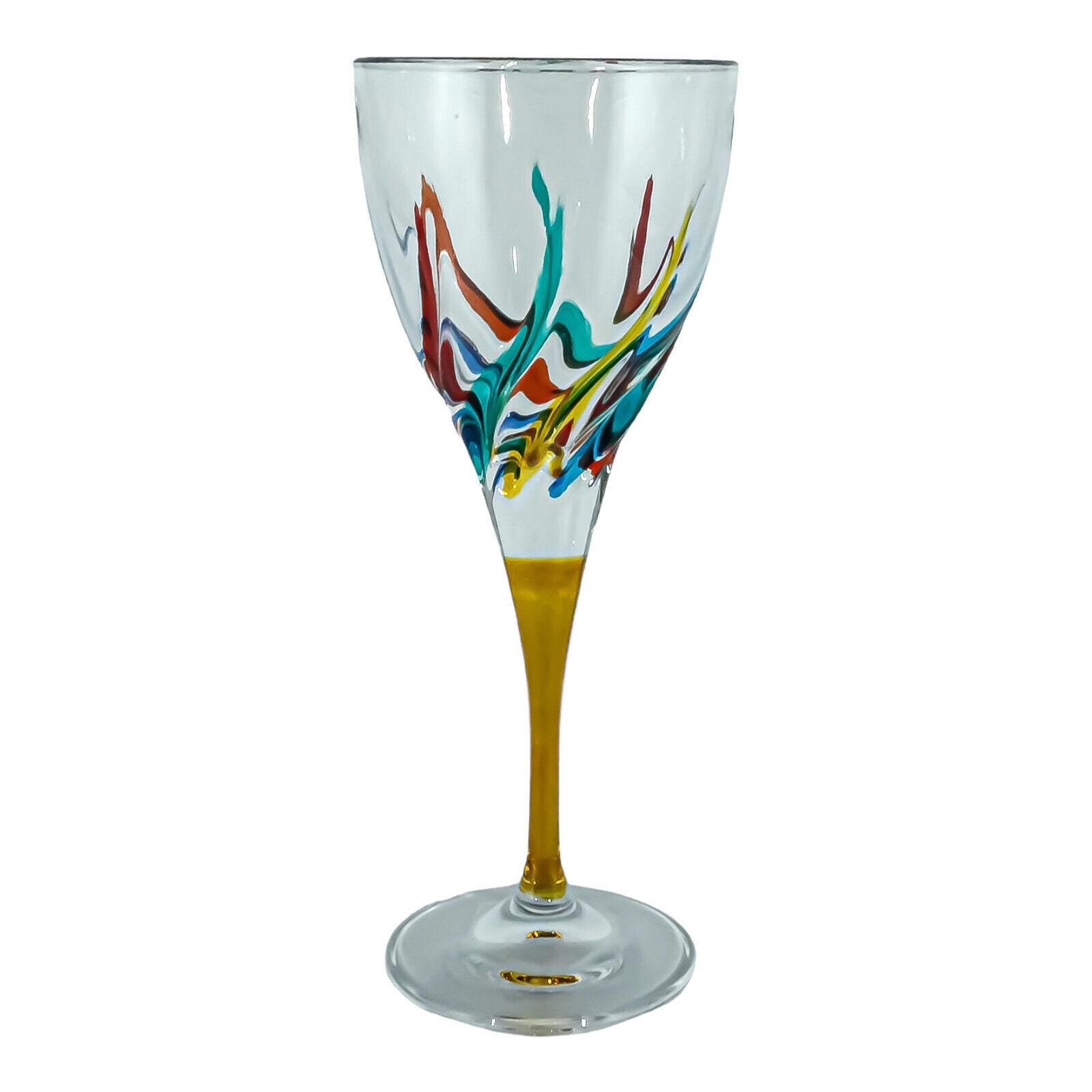 Set of Six 6 Murano Wine Glass Hand Painted Multi Blue Red Green