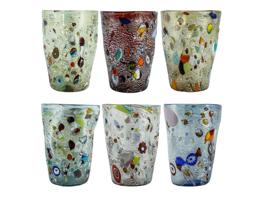 Set of Six 6 Murano Glass Drinking Artisan Tumbler Red Blue Green