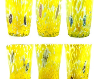 Set of 6 Murano Glass Drinking Art Tumblers Yellow Hand Made Millefiori Set