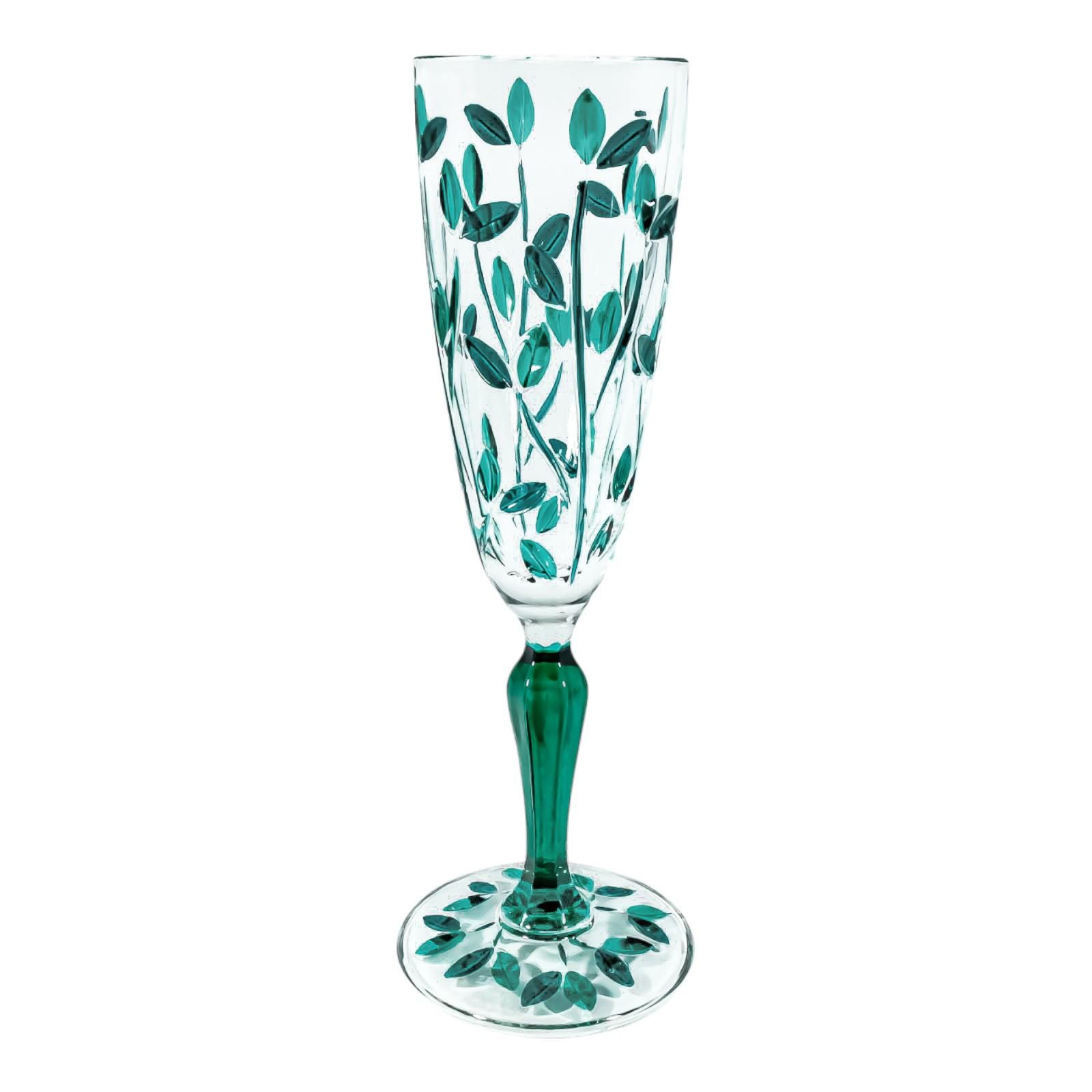 ムラーノシャンパンワイングラス4個セット グリーン ハンドペイント