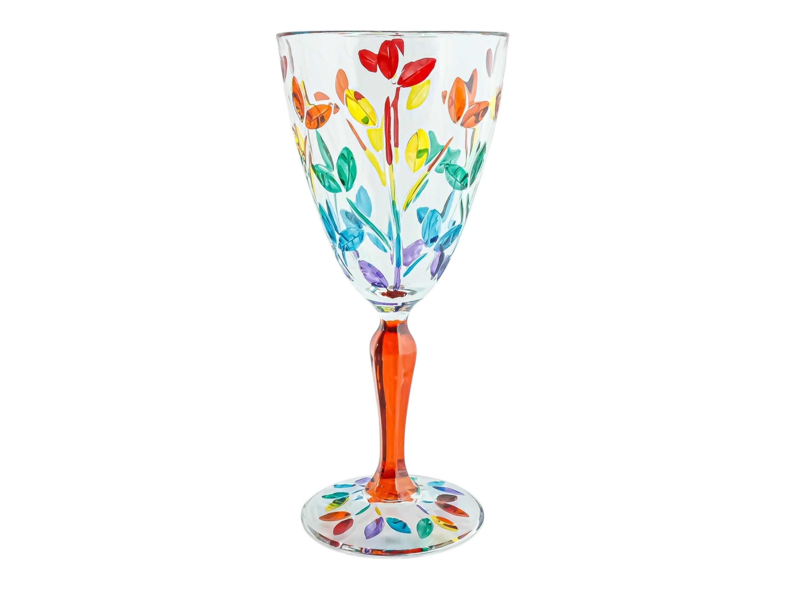 Murano Glass Wine Multi Rainbow Orange Stem Hand Painted Venice