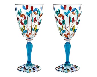 ムラーノガラス ワイン マルチブルーステム ハンドペイント 高さ19.3