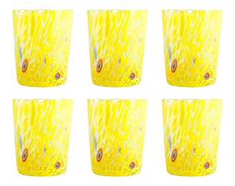 Set of Six 6 Murano Drinking Art Glasses Tumbler Yellow Handmade Millefiori Hand Blown Made in Italy
