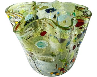 ハンドメイド ムラーノガラス ミルフィオリ 花瓶 - グリーン マルチ