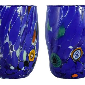 Pair of Murano Glass Drinking Art Tumblers Blue Multi Handmade Millefiori Made in Italy