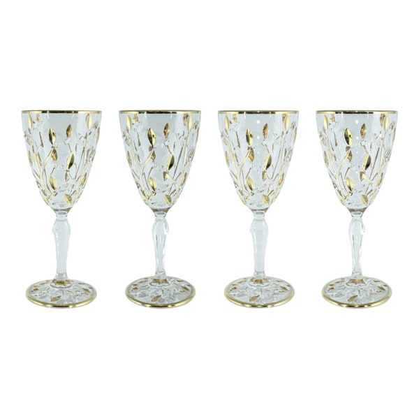 Set of Four 4 Murano Glass Wine Gold Hand Painted Height 19cm Venice Made in Italy Hand Blown Drinkware Barware Glassware