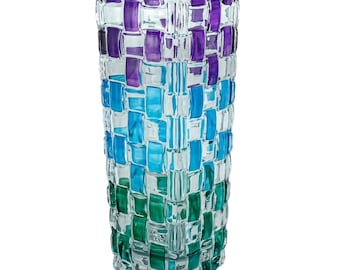 Large Flavio Poli Murano Glass Vase: Purple, Green & Blue Art