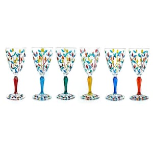Juego de 6 copas de vino de cristal de Murano con múltiples tallos, pintadas a mano, altura 19,3 cm, Venecia