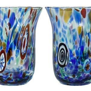 Pair of 2 Two Murano Glass Drinking Glass Tumbler Multi Blue Handmade Millefiori