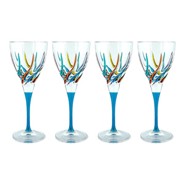 Set of Four 4 Murano Wine Glass Hand Painted Multi Light Blue Stem Venice Made in Italy Glassware Barware Hand Blown Drinkware