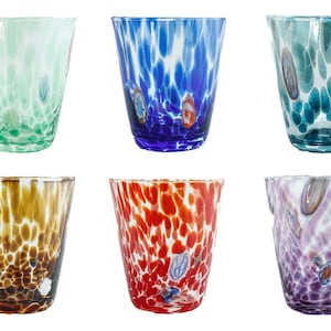 Set of 6 Six Murano Glass Tumblers Blue Green Red Purple Millefiori 11cm