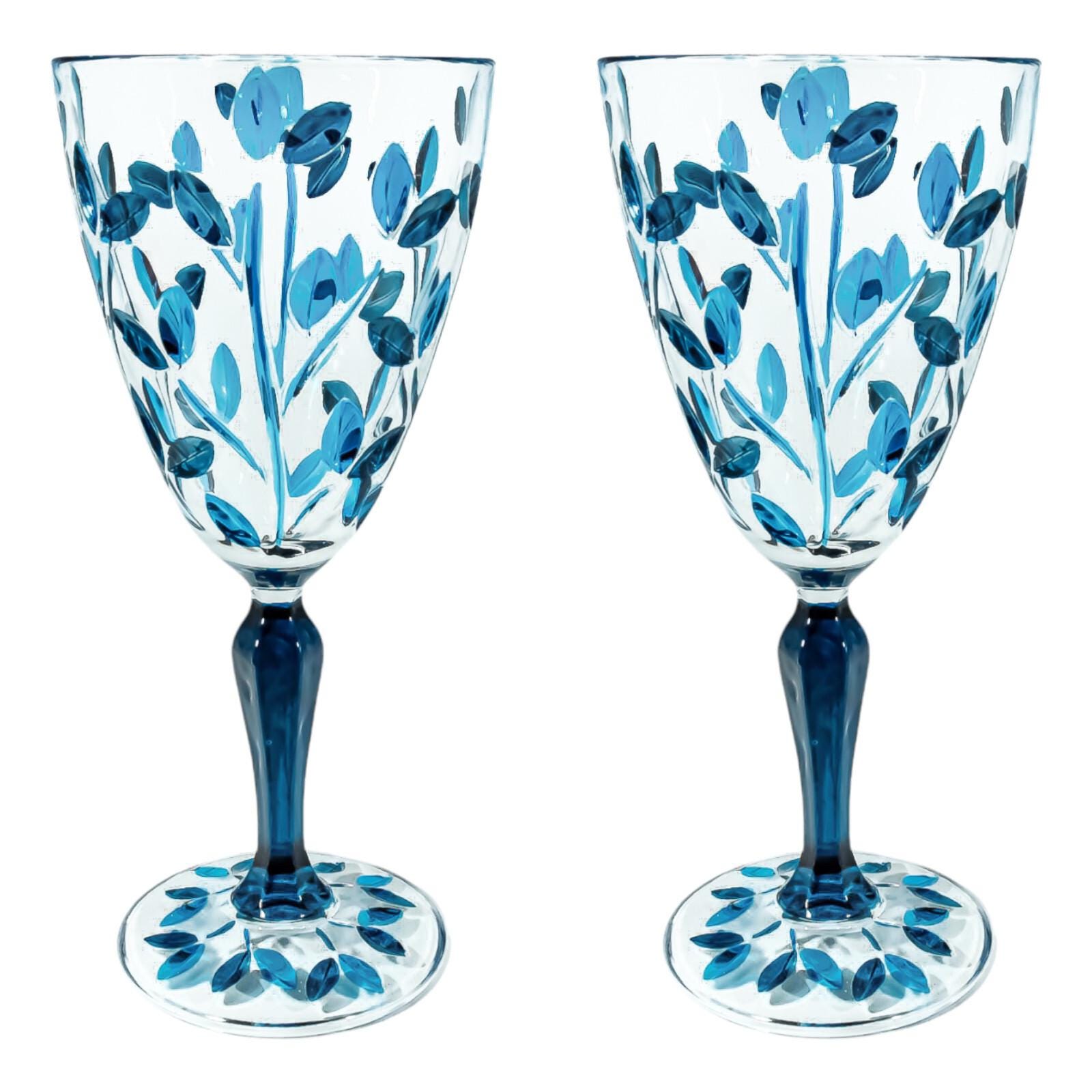 ムラーノワイングラス ライトブルー ハンドペイント ダークステム 手