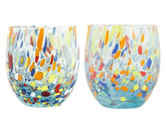 Par de vasos de Murano Juego de 2 vasos azul claro naranja rojo Millefiori