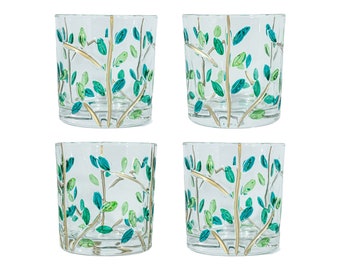 Set of Four 4 Murano Glass Drinking Tumbler Green Gold Floral Flower 9oz Made in Italy Barware Drinkware Glassware