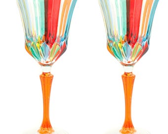 ムラーノワイングラス ペア マルチオレンジステム ハンドペイント