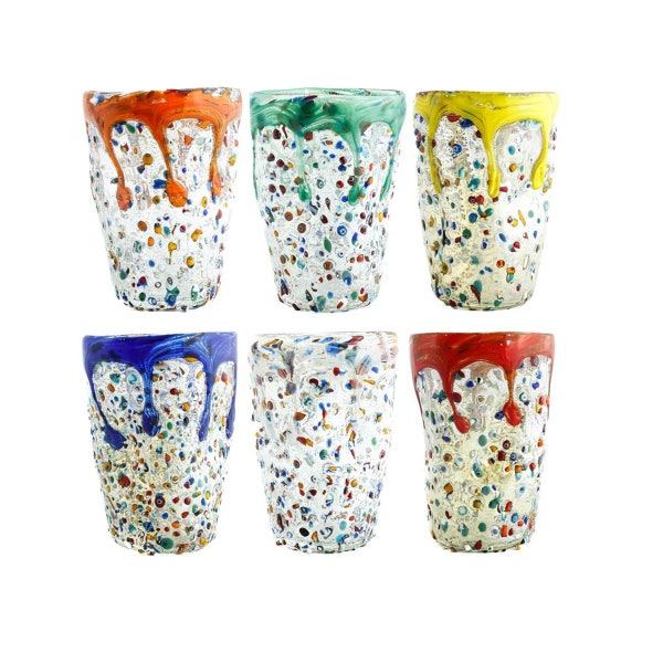 Murano Drinking Art Glass Single Tumbler Silver Red Blue Green Yellow Millefiori - Single Glass