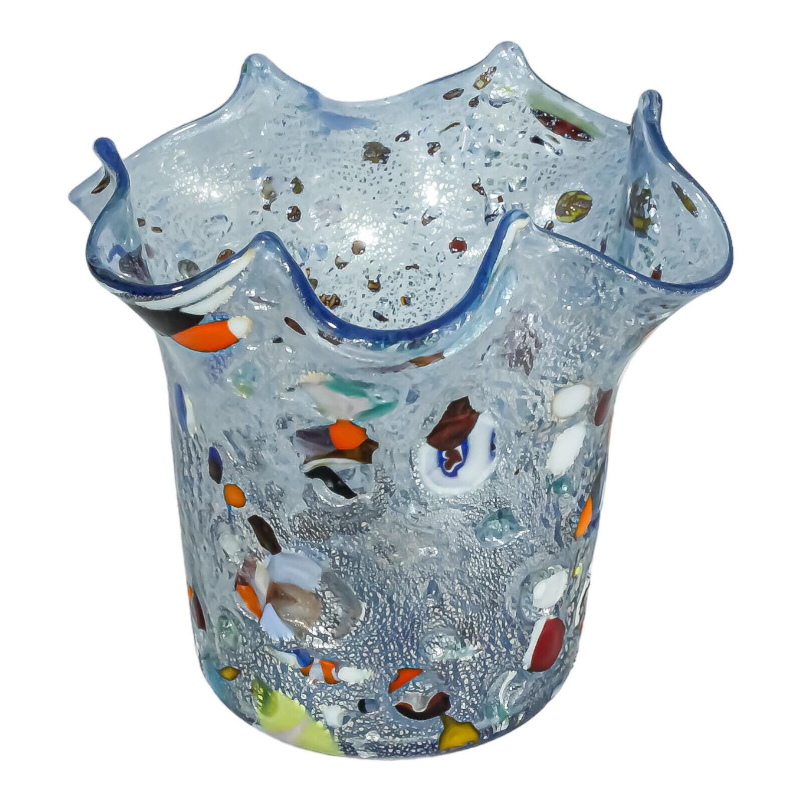 ムラーノガラス花瓶アート ブルー シルバー マルチ ハンドメイド