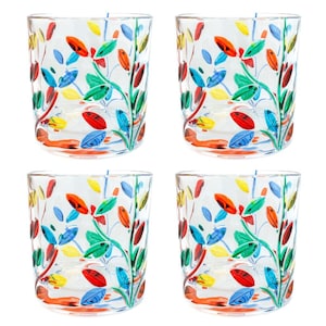 Set of Four 4 Murano Glass Drinking Tumbler Multicoloured Hand Painted Flower