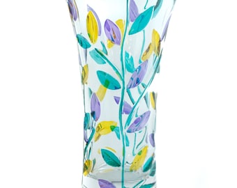 Murano Glass Vase Purple Green Yellow Flower Hand Made Millefiori 21cm High