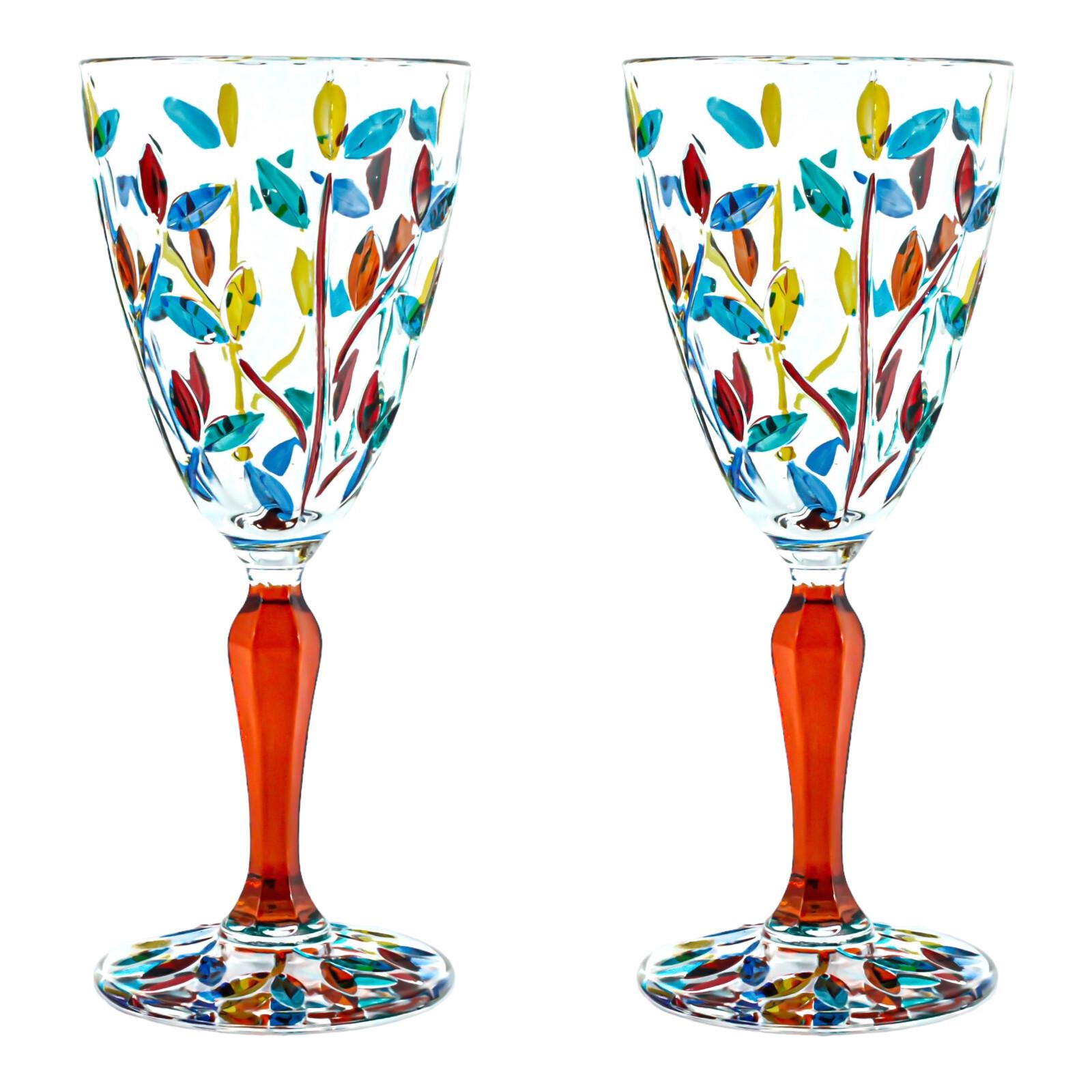 その他 Antique,Murano Italy, Venetian glass Pair of 2 Murano Glass Wine Multi Orange Stem Hand Painted 19cm