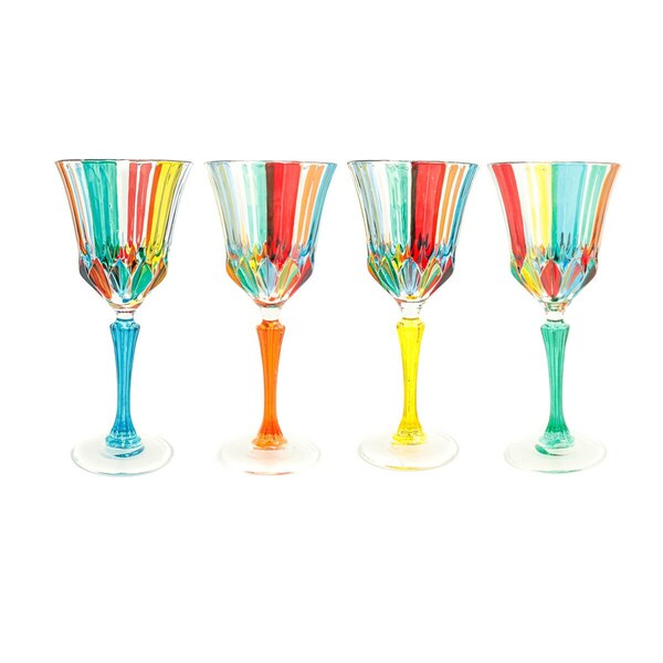 Set of Four Murano Wine Glasses Multi Colour Red Green Stem Hand Painted Venice Made in Italy Hand Blown Glassware Drinkware Barware