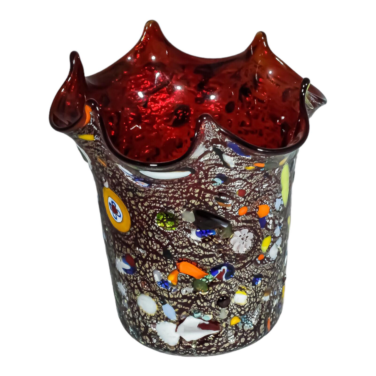 Vase Murano Glass Millefiori Rouge Argenté - Soufflé à La Main à Venise - Neuf